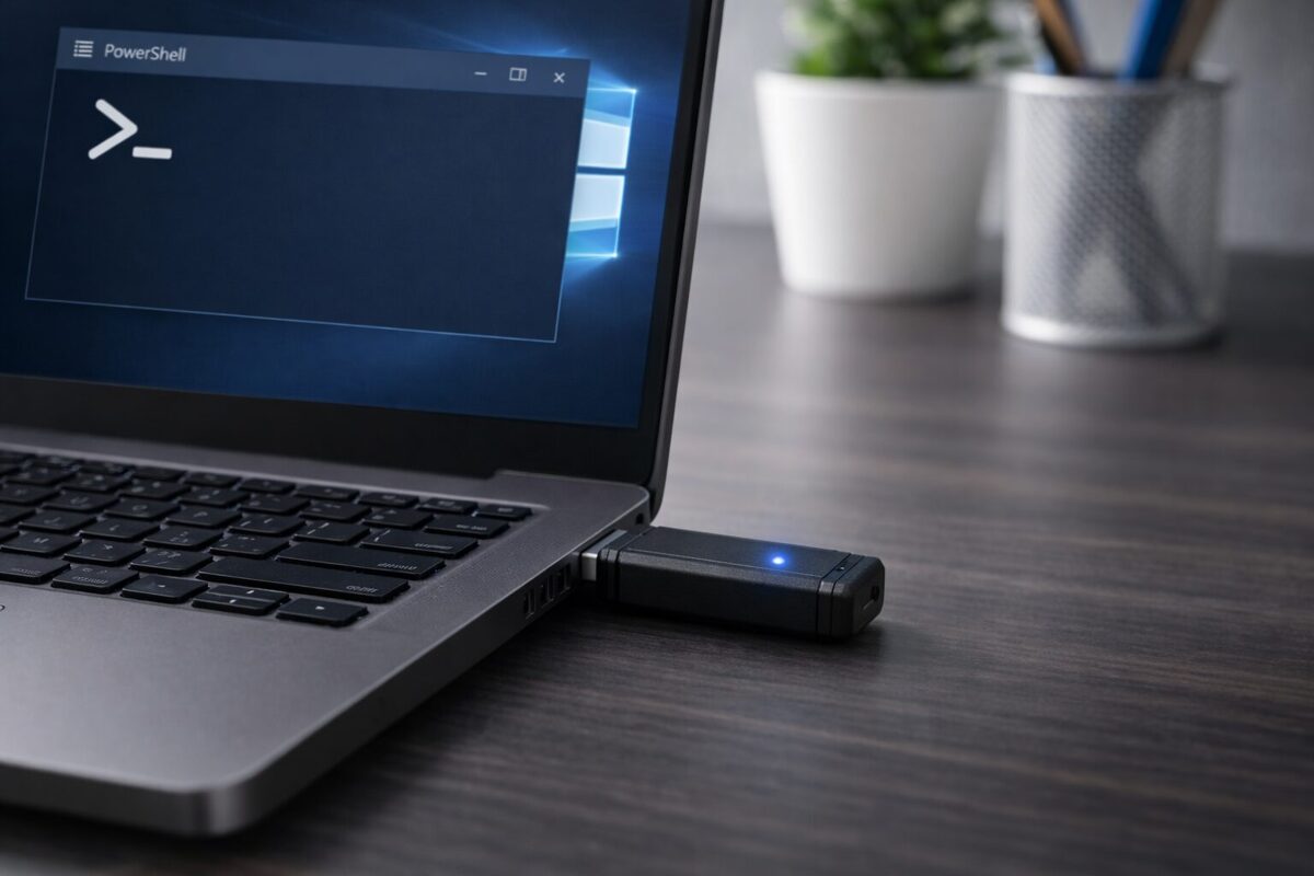 Laptop displaying PowerShell with a connected USB drive